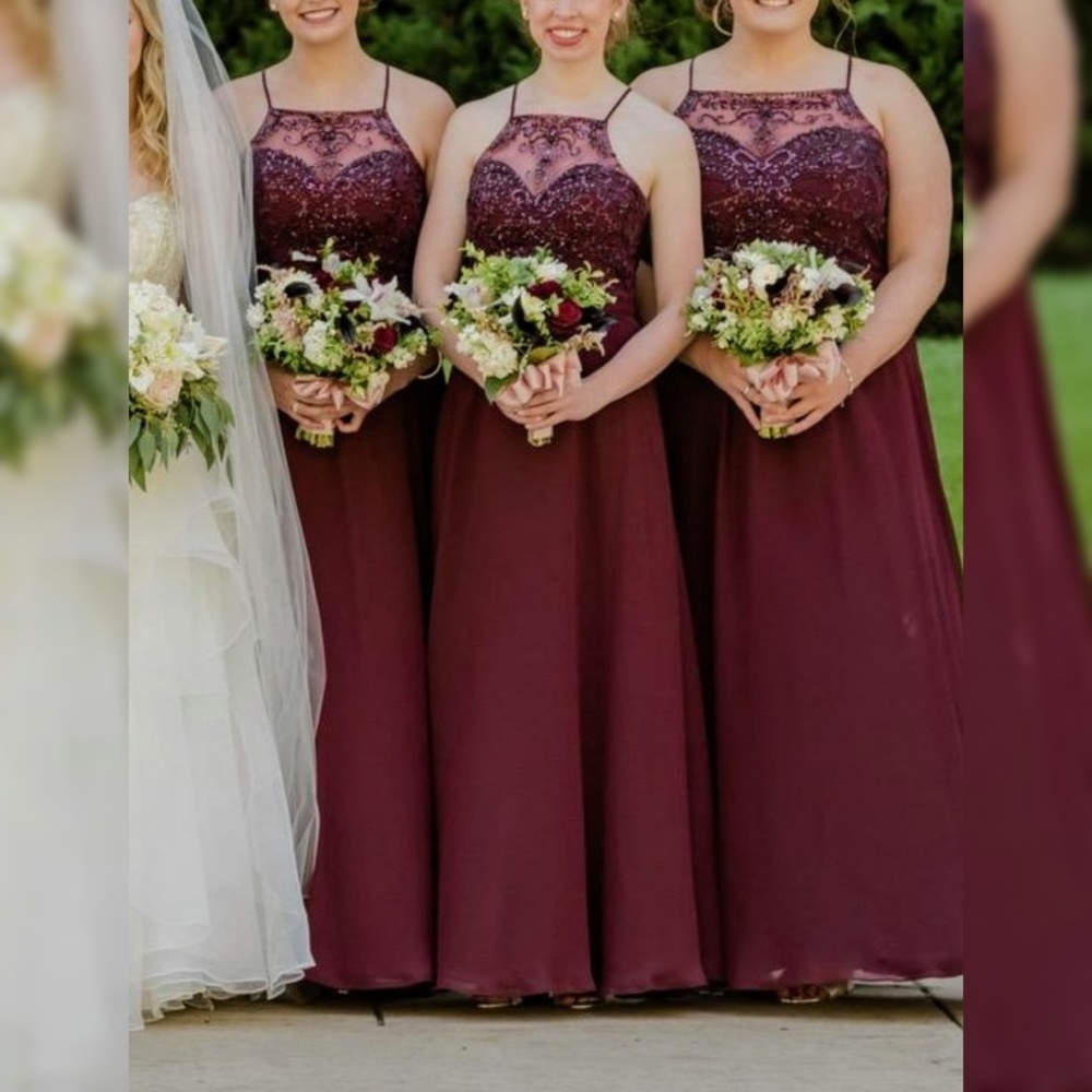Morilee Bordeaux sheer beaded bridesmaids dress